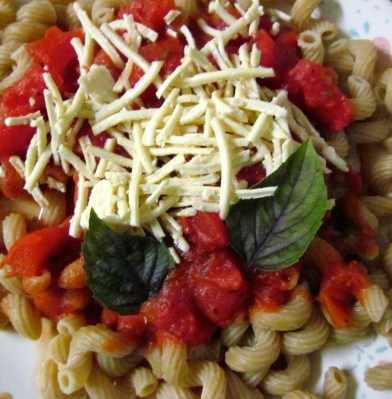 pasta, noodles, cavatappi, basil, purple basil, vegan caprese, caprese, mozzarella